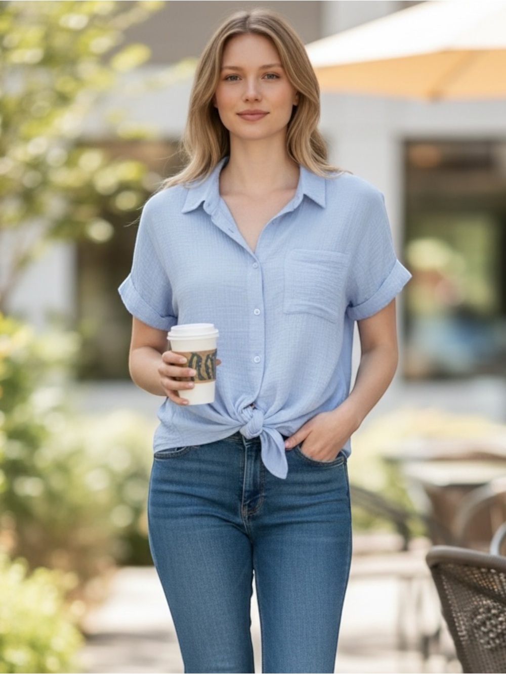 Hippie Rose Gauze Tie-Front Button Down Top, Color Skylight Blue, Size Large